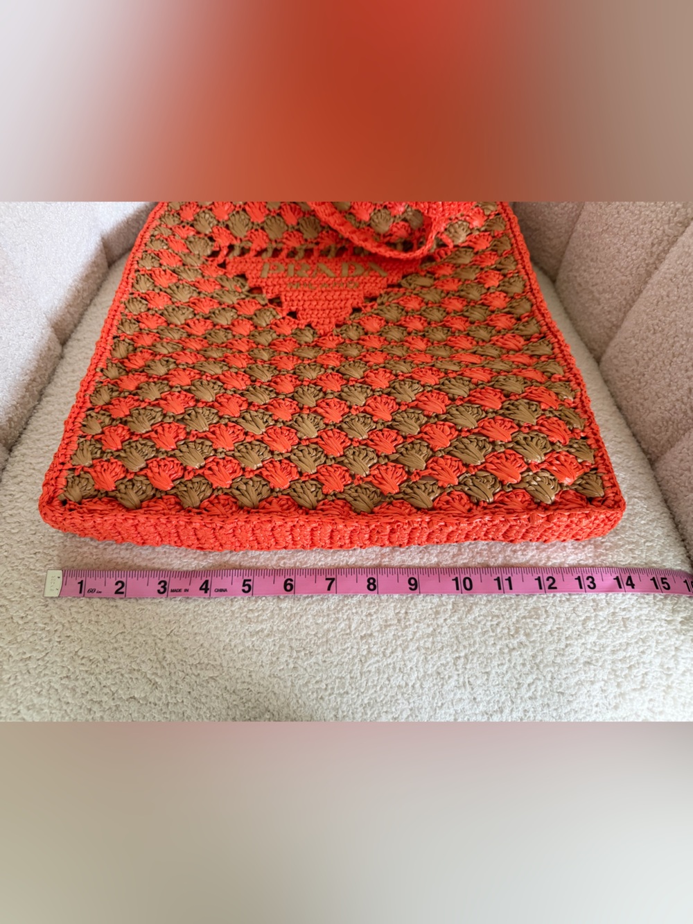Prada Large Raffia Crochet Tote Bag Orange Brown Shopping Bag NWT - Picture 9 of 14